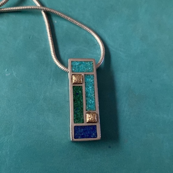 Pendant multi color Sterling silver & 14k wearable on both sides Chain Italy - Picture 3 of 5